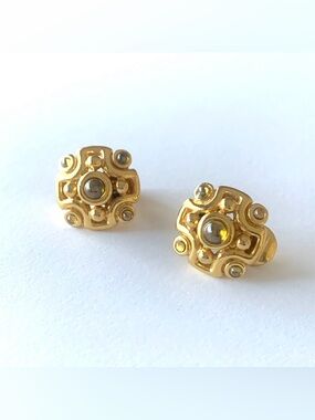 Vintage MONET Gold Tone Square Cross Earrings with Gemstone Clip On